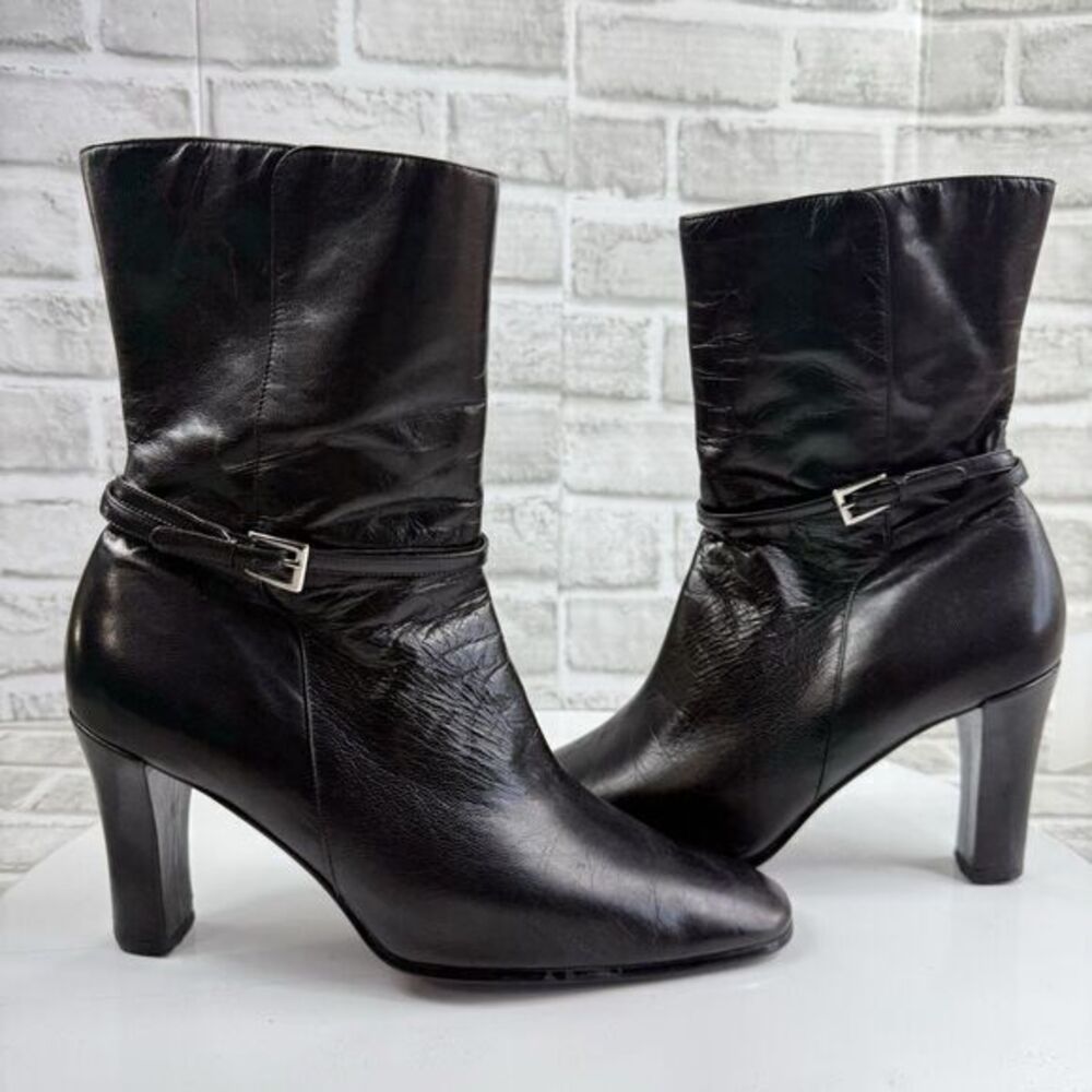 Anne Klein Vintage Women’s Size 8.5 Black Leather Side Zip Mid Calf Heel Boots